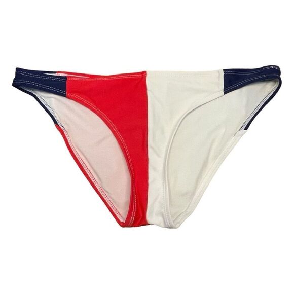 Ika-Kul Patriotic High Cut Bikini Bottoms Red White Blue Stripes Mid-Rise Swimsu - Picture 1 of 5